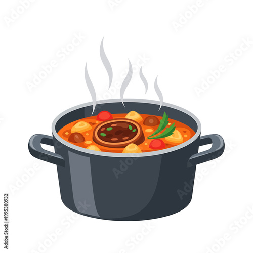 Vector illustration of hot steaming beef stew in a black cooking pot