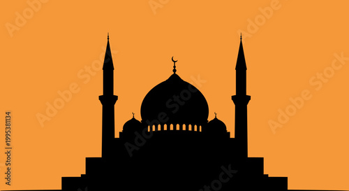 Silhouette of a mosque with two minarets and a dome.