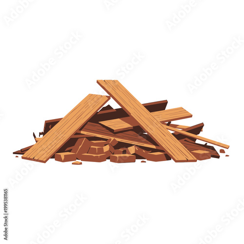 Construction debris pile with wooden planks and broken bricks
