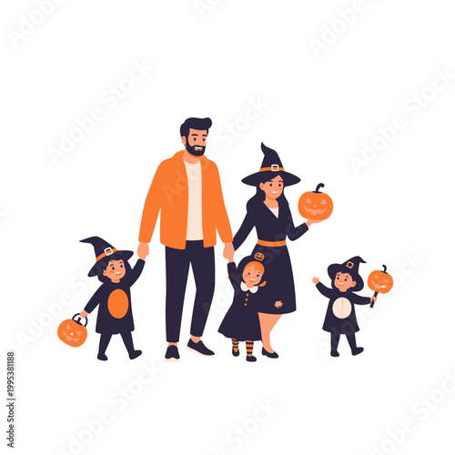 Happy family in Halloween costumes with jack-o-lanterns illustration