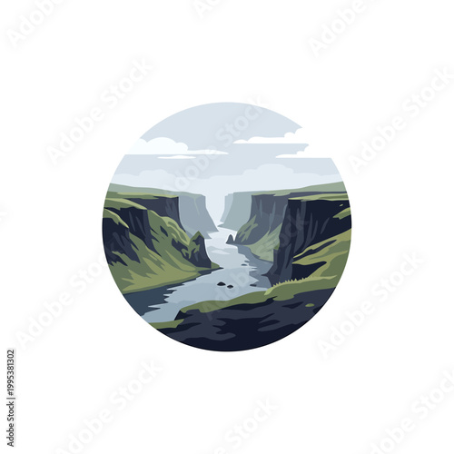 Minimalist vector illustration of a scenic river canyon and cliffs
