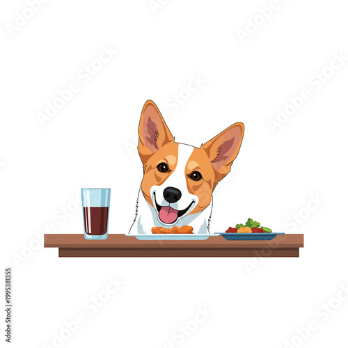 Cute corgi dog sitting at a table with food and a beverage illustration