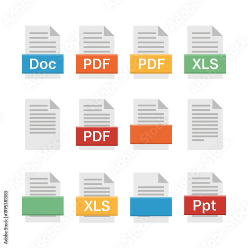 Vector document file format icons set with colorful labels
