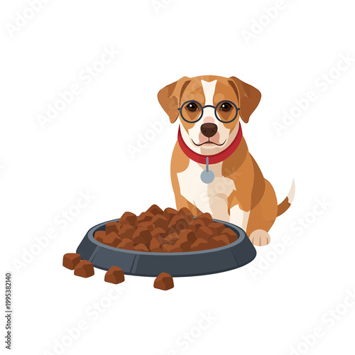 Cute beagle dog illustration wearing glasses with bowl of food