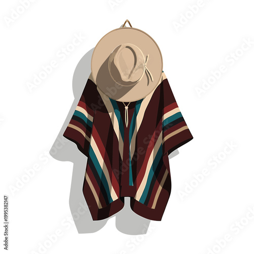 Traditional striped poncho and wide brimmed hat hanging vector art