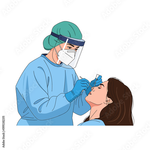 Healthcare worker in PPE performing nasal swab test on patient vector