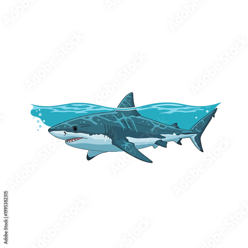 Great white shark swimming in blue ocean waves vector illustration