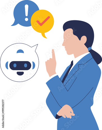 Businessman interacting with robot AI chatbot on transparent background