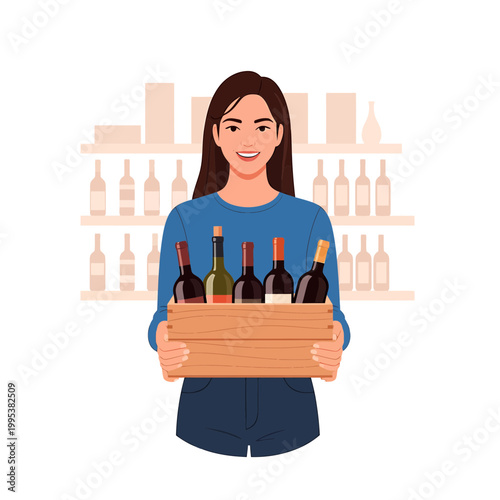Smiling woman holding crate of wine bottles in store illustration