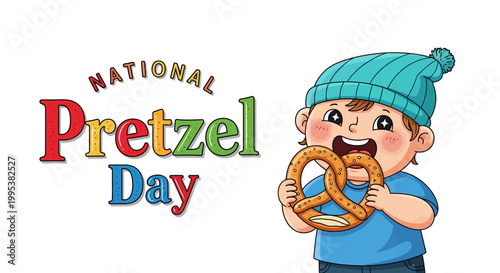 A cartoon illustration celebrating National Pretzel Day features a cheerful child in a blue hat biting into a soft, twisted pretzel, set against a clean white background with vibrant