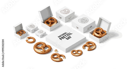 Overhead shot featuring pretzels and white boxes, celebrating National Pretzel Day with a clean, minimalist aesthetic, showcasing the twisted bread snacks as delicious baked goods