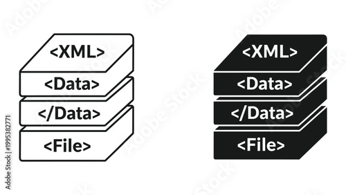 Black and white stack of data file icons with xml and file labels