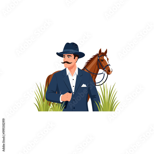 Elegant Man with Mustache and Horse Vector Illustration