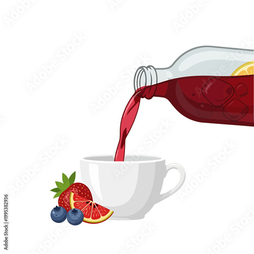 Fruit juice pouring from glass bottle into a cup with fresh berries