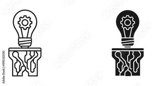 Black and white light bulb icons with gear and circuit board base isolated on white background