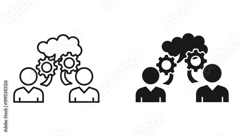 Vector illustration of two people with gears and thought bubbles, symbolizing teamwork and creative problem solving