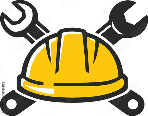 Yellow hard hat with crossed wrenches construction worker safety symbol