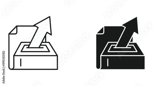 Black and white line icons of ballot box with paper and arrow on top for voting concept