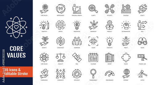 Core Values icon set. Outline icon with Editable stroke. Vector illustration