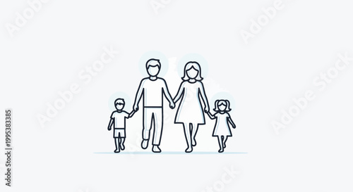 Modern outline illustration of a nuclear family with two children walking happily hand in hand