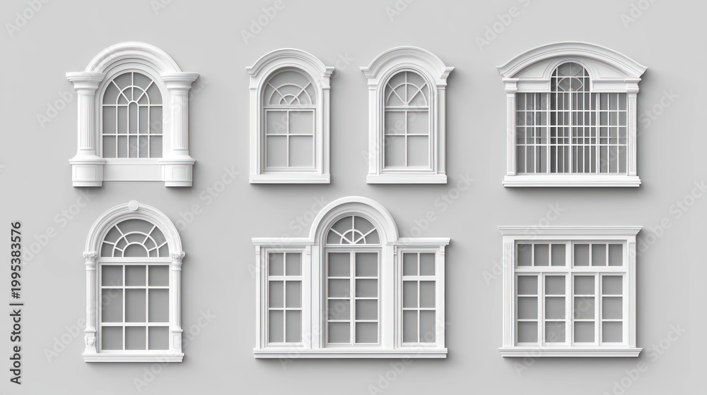 Obraz premium Architectural white windows collection on gray background, decorative window frames, various styles, 3D illustration, for interior design, presentations, and 3D modeling