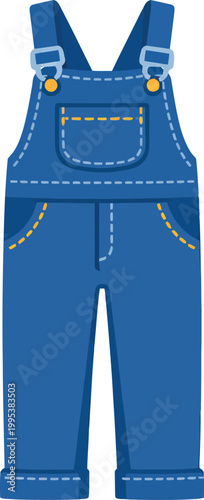 Blue denim overalls with white and yellow stitching details