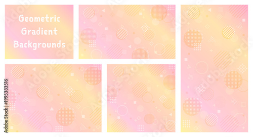 グラデーションが綺麗な幾何学図形の背景セット。ピンクオレンジのドット・ストライプパターン