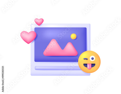 Social media concept. 3D style illustration of social media upload or post symbols, hearts, and emoticons. content, cyberspace, tongue sticking out emoji. Element, icon, 3D vector. White background
