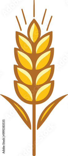 Golden wheat or barley grain icon with sun rays illustration