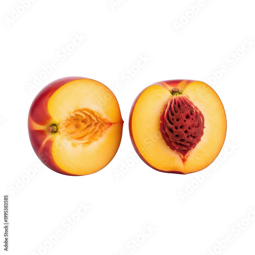 A cut open peach on transparent background showing its pit and flesh