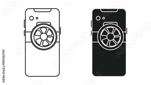 Black and white smartphone camera icons with lens attachments on white background