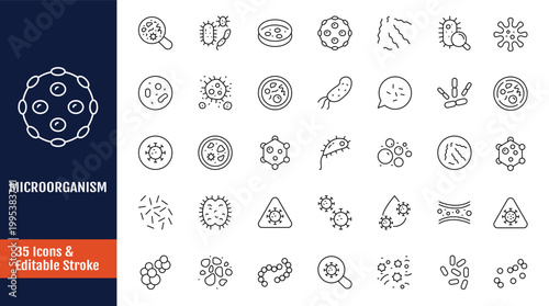 Microorganisms line icon set. Outline icon with Editable stroke. Vector illustration