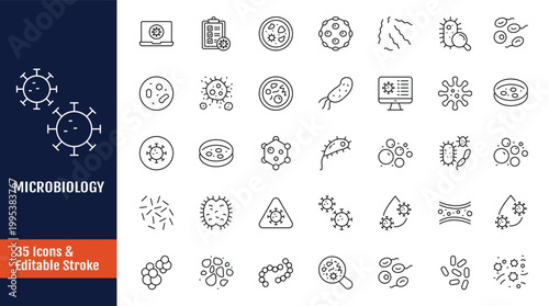 Schilderij op canvas Microbiology line icon set