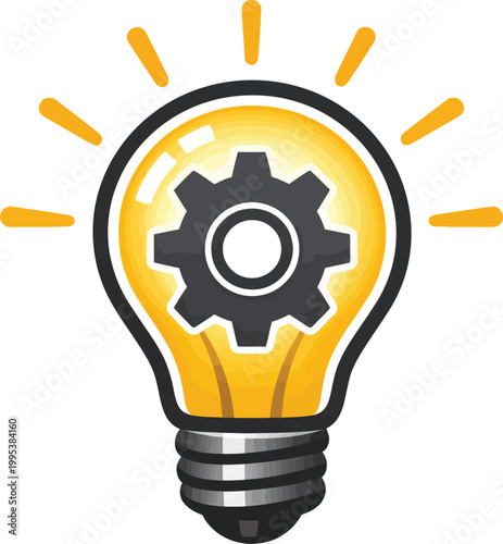 Innovative light bulb with gear inside and rays shining  idea concept