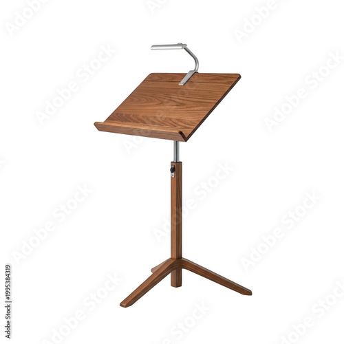 A wooden music stand with a lamp on transparent background