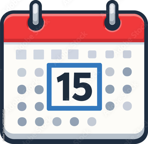 Calendar icon with red top and number fifteen on white background