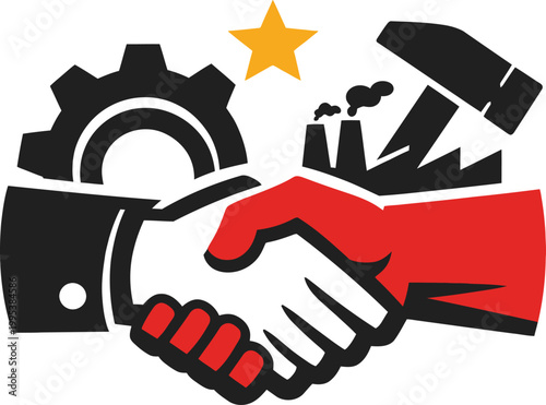 Business agreement handshake with industrial factory gear star icons