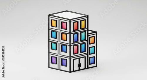 Colorful modern geometric building illustration with vibrant windows on a white background minimal