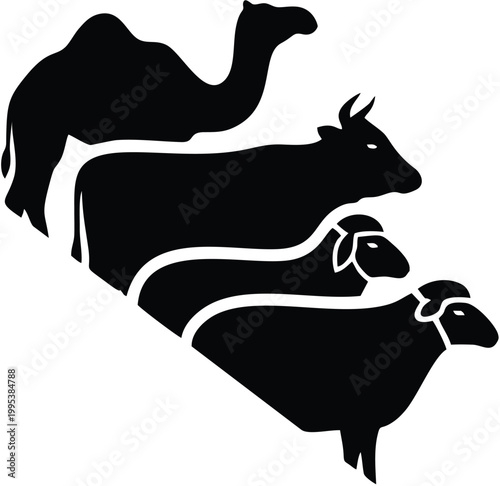 Group Silhouette of Ritual Sacrifice Animals Featuring Camel, Cow, and Sheep Profiles for Eid Al-Adha Qurbani Awareness.