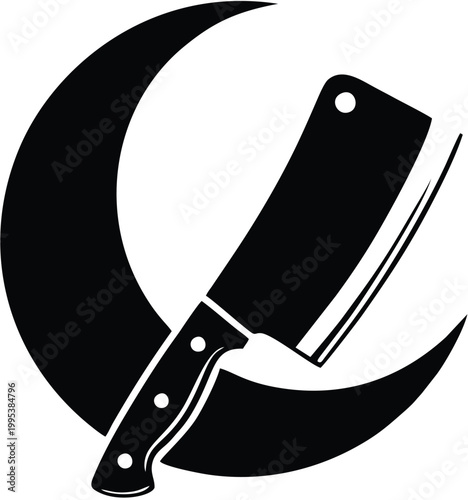 Butcher Cleaver Knife and Crescent Moon Silhouette Vector, Concept for Halal Meat, Eid al-Adha Sacrifice, and Islamic Culinary Traditions Isolated