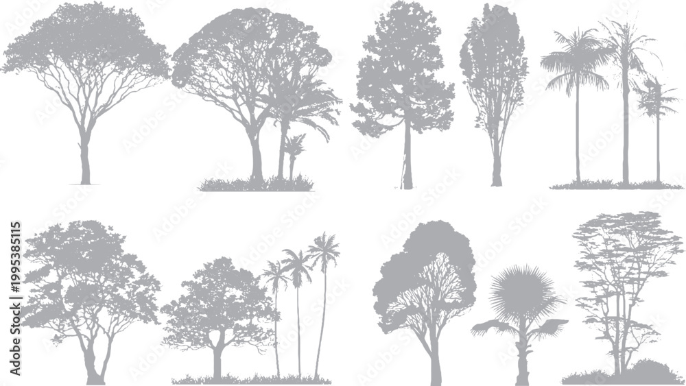 Fototapeta premium Grunge forest illustration with rough halftone texture Urban brutalist trees design with vintage distortion