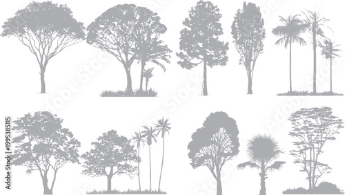 Grunge forest illustration with rough halftone texture Urban brutalist trees design with vintage distortion