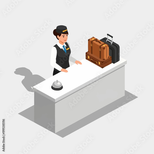 Airline staff at check-in counter with luggage.