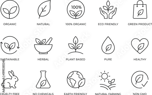 Minimal Organic Icons Set - Clean Line Eco and Natural Products Vector 15 Icons Grid