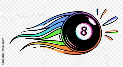 Colorful Billiard 8-Ball with Rainbow Flame and Energetic Speed Effect Illustration