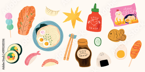 Asian food clipart set kawaii sushi ramen korean street food vector