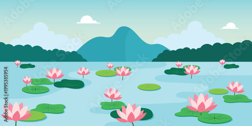 lotus pond beautiful landscape flat design illustration