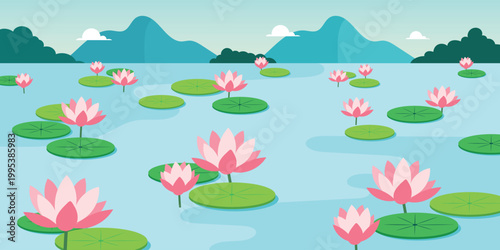 landscape lotus pond illustration flat design