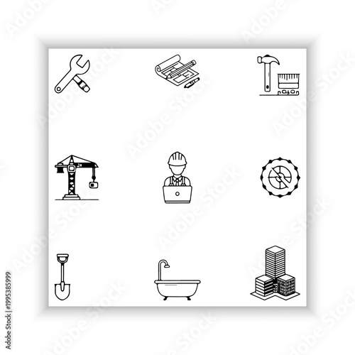 Construction Industry Line Icons Set – Minimal Black Outline Tools and Equipment Collection