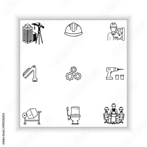 Construction Industry Line Icons Set – Minimal Black Outline Tools and Equipment Collection